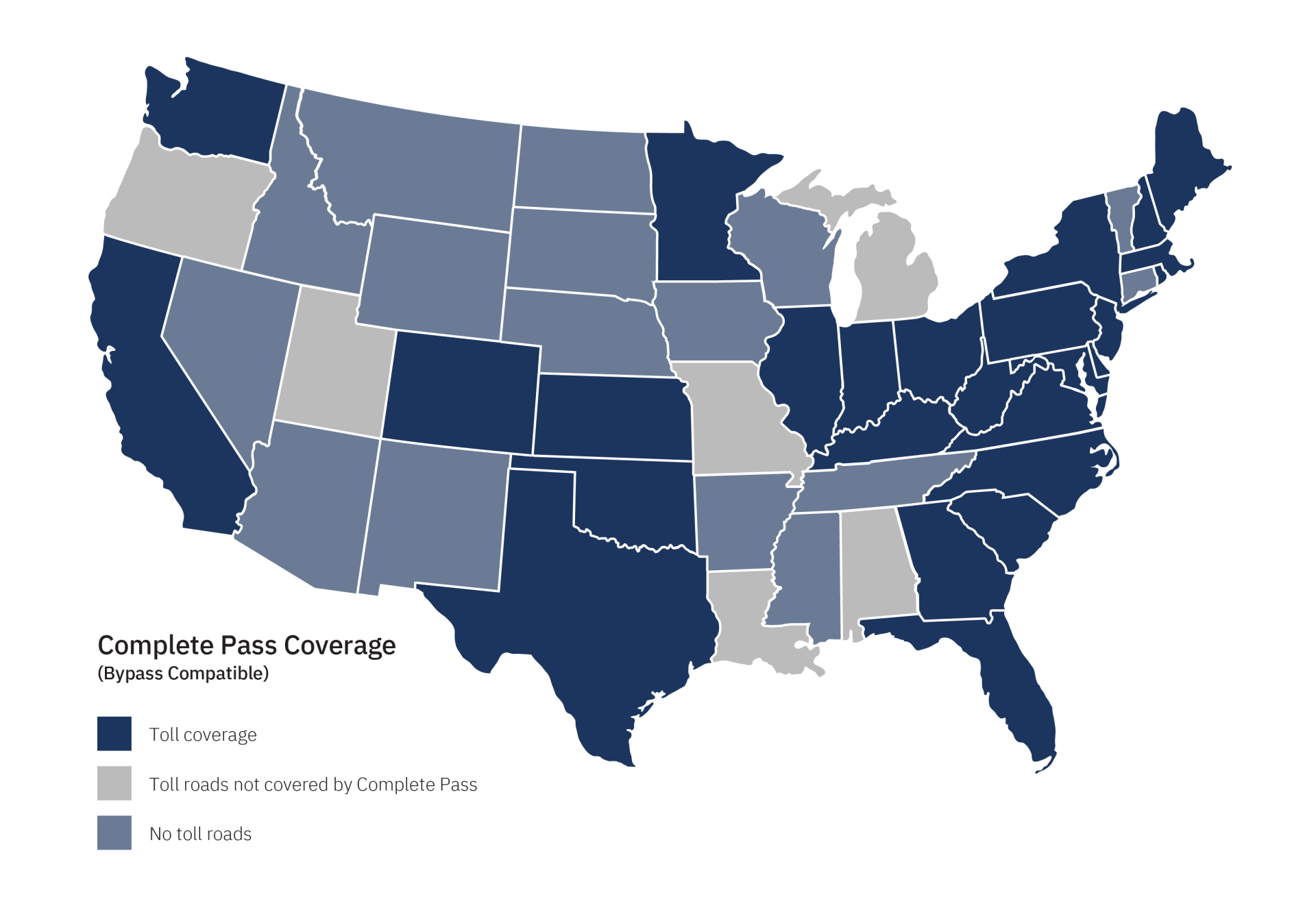United States map showing coverage for Complete Pass toll transponder offered by Bestpass