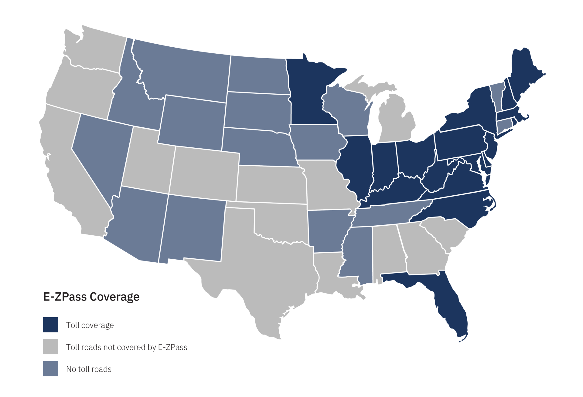 United States map showing coverage for E-ZPass toll transponder offered by Bestpass