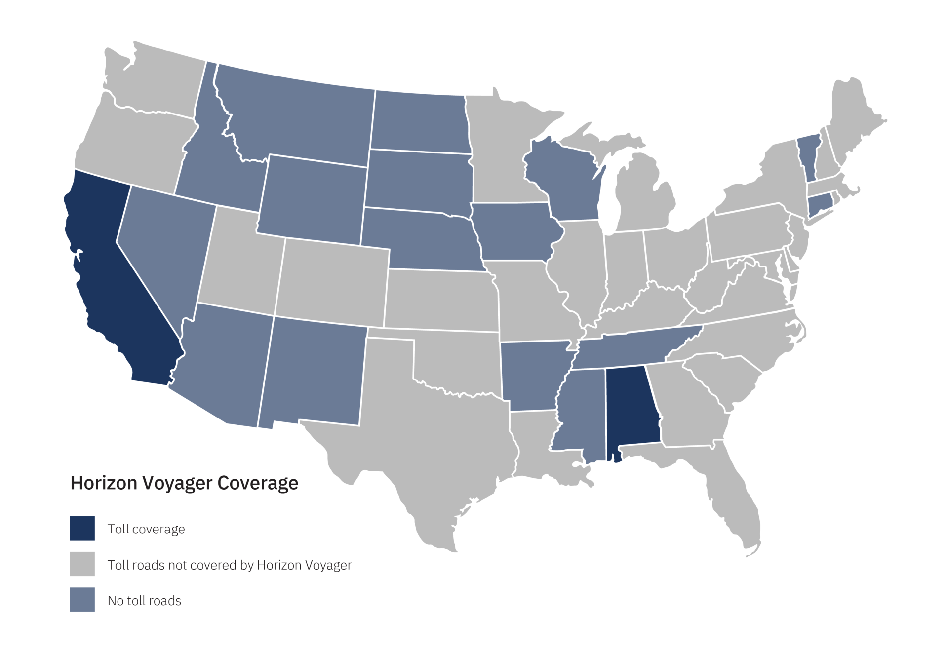 United States map showing coverage for Horizon Voyager toll transponder offered by Bestpass