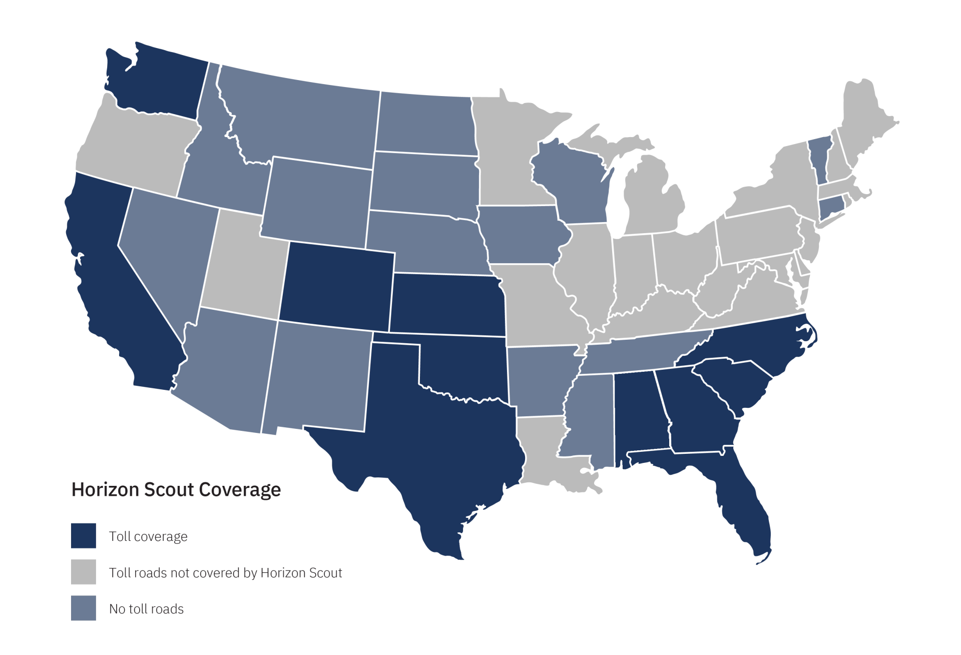 United States map showing coverage for Horizon Scout toll transponder offered by Bestpass