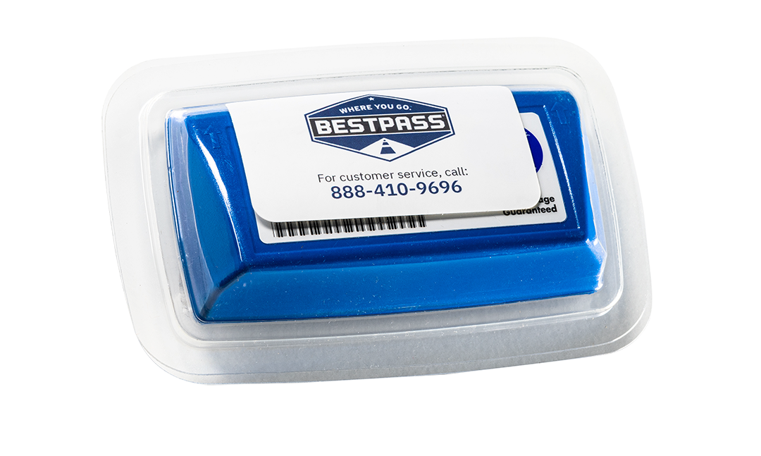 Bestpass’s E-ZPass toll transponder mounted on a truck windshield 