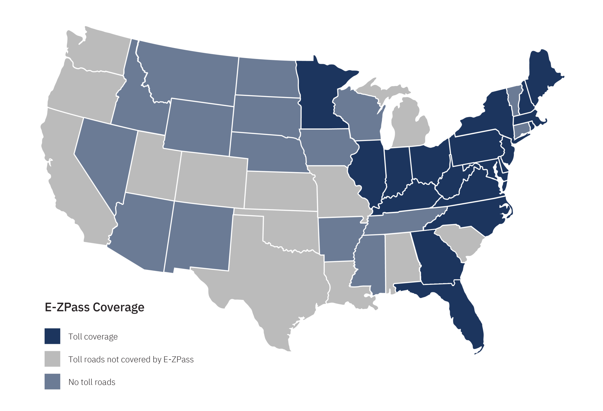 United States map showing coverage for E-ZPass toll transponder offered by Bestpass