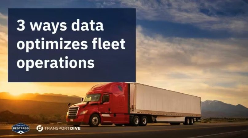 A red truck hauling a large, white trailer, is driving alongside the sunset. To the upper left of the image, a blue box with white text reads "3 ways data optimizes fleet operations'